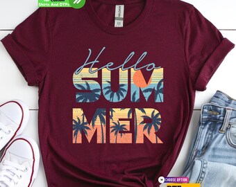 Hello Summer DTF Transfer, Retro Beach Palm Tree T-shirt, Summer Vibes Iron On