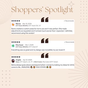 May include: A Shoppers' Spotlight graphic featuring three five-star customer reviews. Each review includes a user name, date, DTF size specifications in inches, and written feedback. The layout uses dark brown quote icons and text on a light beige background.