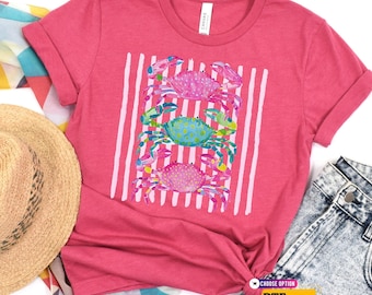 Preppy Crab Dtf Transfer and Shirt: Summer Beach Vibes Iron On, Stripe Beach, Retro Beach Shirt