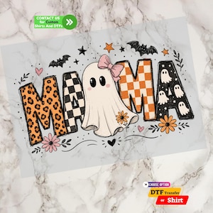 A high-quality DTF transfer sheet from 3.jpg featuring a trendy Halloween design. The bold text spells MAMA with cheetah print, checkered patterns, and cute ghosts with pink bows, bats, and flowers. Perfect spooky mama shirt heat transfer and iron on transfer for t-shirts. High-scoring retro Halloween mama dtf prints ready to press, ideal for fall fashion apparel, spooky season boutique items, and vibrant DTF transfer designs.
