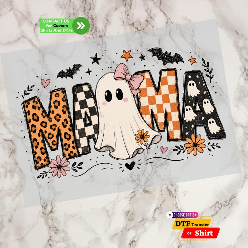 A high-quality DTF transfer sheet from 3.jpg featuring a trendy Halloween design. The bold text spells MAMA with cheetah print, checkered patterns, and cute ghosts with pink bows, bats, and flowers. Perfect spooky mama shirt heat transfer and iron on transfer for t-shirts. High-scoring retro Halloween mama dtf prints ready to press, ideal for fall fashion apparel, spooky season boutique items, and vibrant DTF transfer designs.