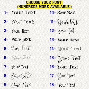 May include: A font selection chart featuring the heading CHOOSE YOUR FONT (HUNDREDS MORE AVAILABLE!) followed by a numbered list from 1 to 18. Each number corresponds to a unique black typeface displaying the sample phrase Your Text.