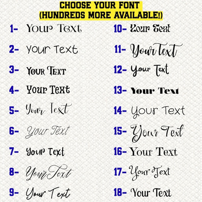 May include: A font selection chart featuring the heading CHOOSE YOUR FONT (HUNDREDS MORE AVAILABLE!) followed by a numbered list from 1 to 18. Each number corresponds to a unique black typeface displaying the sample phrase Your Text.