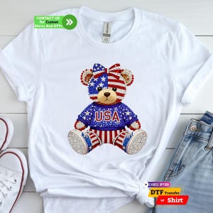USA 250 Anniversary Patriotic Teddy Bear DTF Transfer, 4th July Faux Rhinestone Sparkle Tee image 5