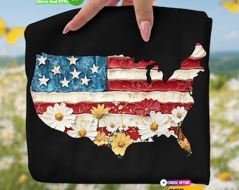 Transferencia DTF con mapa floral patriótico de EE. UU., camiseta vintage del Día de la Bandera del 4 de julio