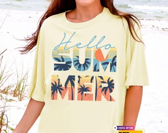 Hello Summer DTF Transfer, Retro Beach Palm Tree T-shirt, Summer Vibes Iron On