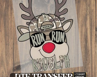 Run Run Rudolph DTF Transfer, Christmas Ready to Press Camo Reindeer Boy Shirt