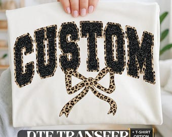 Custom Text Leopard Varsity DTF Transfer, Mascot Shirt, Personalized Faux Glitter Bow Iron On