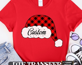 Custom Christmas Name DTF Transfer, Buffalo Plaid Santa Hat Shirt, Family Xmas Party Iron On