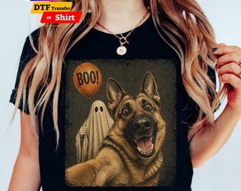 German Shepherd Halloween DTF Transfer, Boo Ghost Dog Selfie Heat Print