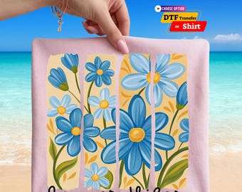 Transferencia DTF y camiseta con temática veraniega: estampado floral de abuela a la moda para planchar en verano.