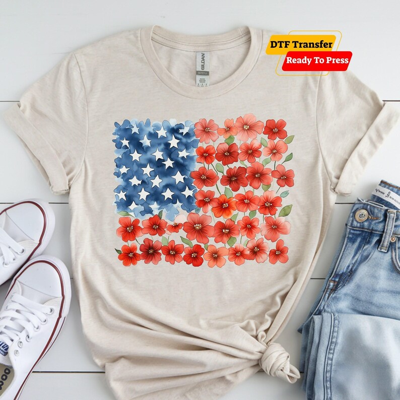 Floral American Flag DTF Transfer, USA 250 Anniversary Shirt Dtf Print, Patriotic 1776 4th of July Heat Transfer, Independence Day Iron on image 6