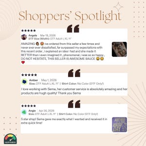 May include: A beige graphic display titled Shoppers' Spotlight featuring three five-star customer reviews for DTF transfers. The reviews include text from Angela, Amber, and Angie, mentioning DTF Adult L-XL 11 inch sizes and a happiness gauge icon.