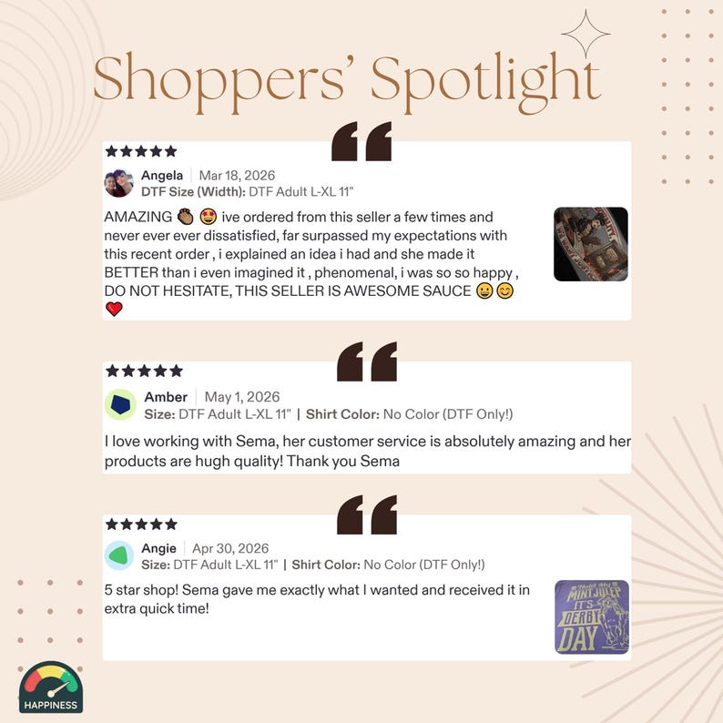May include: A beige graphic display titled Shoppers' Spotlight featuring three five-star customer reviews for DTF transfers. The reviews include text from Angela, Amber, and Angie, mentioning DTF Adult L-XL 11 inch sizes and a happiness gauge icon.