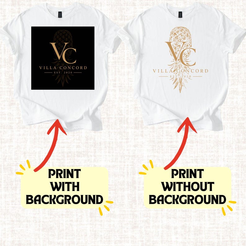 May include: Two white t-shirts featuring a gold pineapple graphic and the text Villa Concord Est. 2020. One shirt displays the logo on a black square background, while the other shows the logo directly on the fabric without a background box.