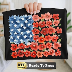 Floral American Flag DTF Transfer for 4th of July shirt. Watercolor blue star field with red poppy flowers forming the stripes. Perfect for USA 250 anniversary and semiquincentennial celebrations. High-quality DTF prints for patriotic DIY projects, Independence Day apparel, and Memorial Day gifts. We the People vintage aesthetic heat transfer sheet. Custom iron on transfer for t-shirts, hoodies, and tote bags. Vibrant floral patriotic design for woman’s 4th of July outfit.