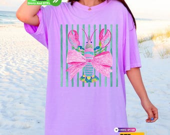 Coquette Lobster Bow DTF Transfer and Shirt: Coastal Grandmillennial Iron on, Summer Beach Vibes