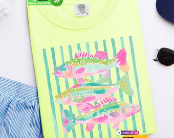 Colorful Bass Fish DTF Transfer, Retro Summer Beach Vacation T-Shirt, Preppy Western Boho Print