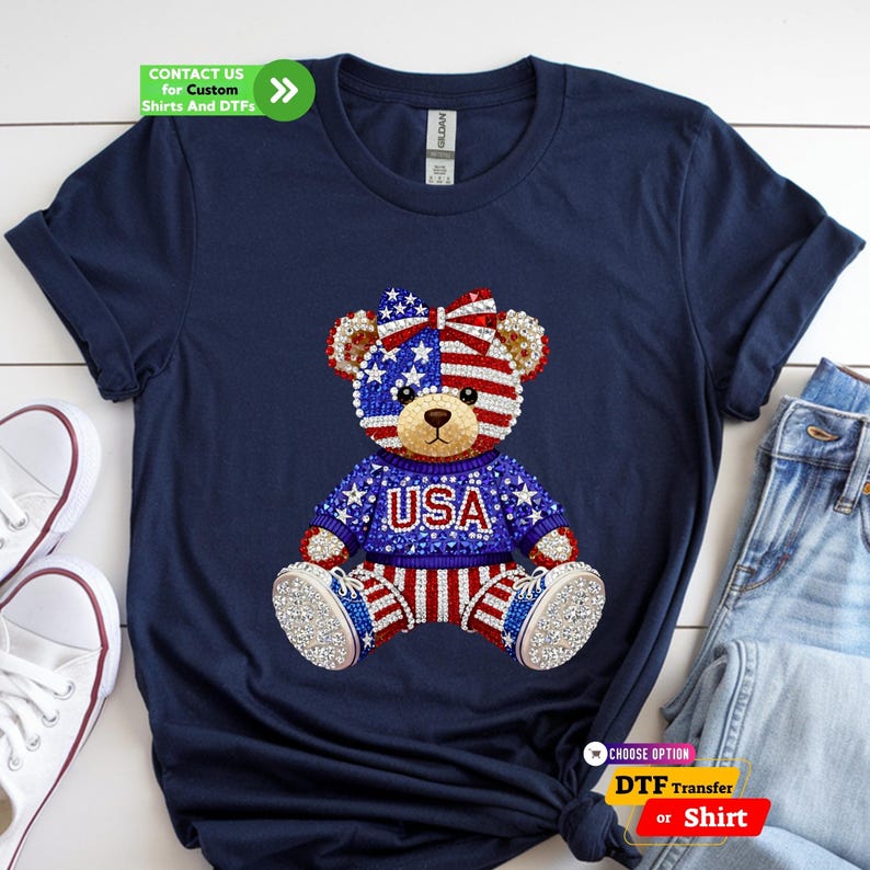 USA 250 Anniversary Patriotic Teddy Bear DTF Transfer, 4th July Faux Rhinestone Sparkle Tee image 2