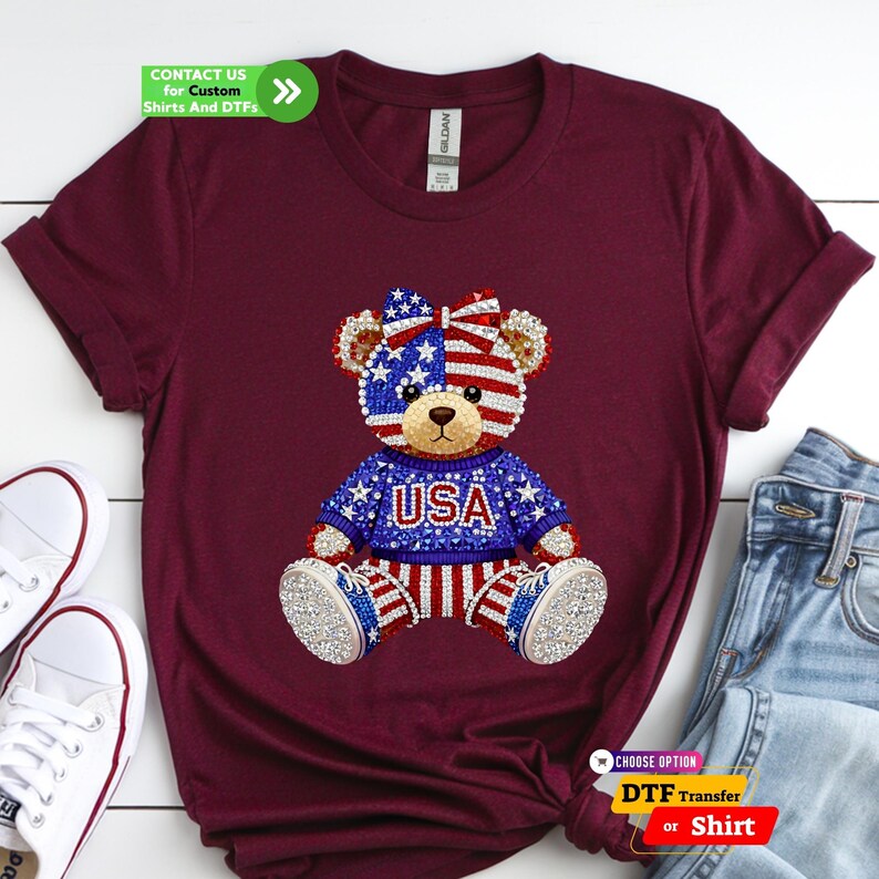USA 250 Anniversary Patriotic Teddy Bear DTF Transfer, 4th July Faux Rhinestone Sparkle Tee image 4
