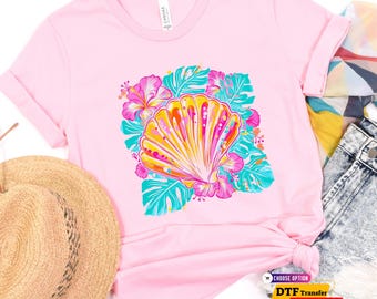 Tropical Seashell DTF Transfer, Summer Vibes Shirt, Beach Life  Hibiscus Sea Shell Iron On