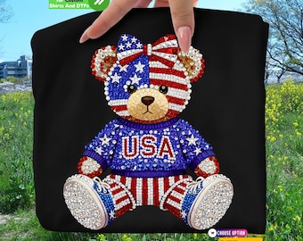 USA 250 Anniversary Patriotic Teddy Bear DTF Transfer, 4th July Faux Rhinestone Sparkle  Tee