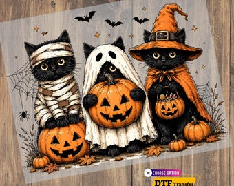Halloween Cats DTF Transfer and Shirt, Spooky Season Black Cat Iron On, Ready to Press