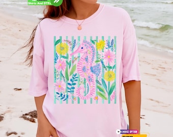 Preppy Colorful Seahorse Dtf Transfer and Shirt: Summer Beach Vibe, Family Vacation Iron on