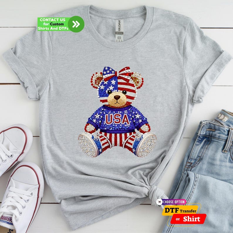 USA 250 Anniversary Patriotic Teddy Bear DTF Transfer, 4th July Faux Rhinestone Sparkle Tee image 6