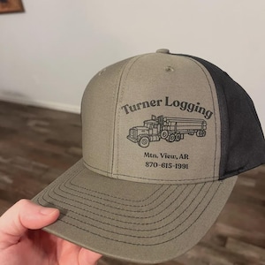 May include: A khaki and black baseball cap featuring a black graphic of a logging truck and the text Turner Logging, Mtn. View, AR, and 870-615-1991 printed on the front panel. The cap has a structured crown, a flat brim with stitching, and black mesh.