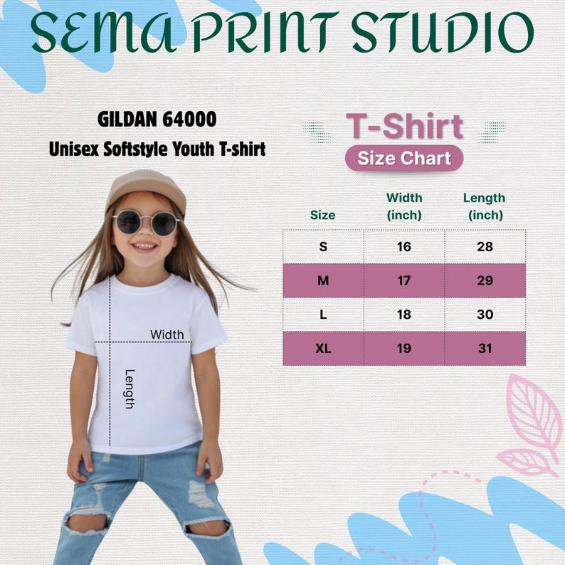 May include: A white Gildan 64000 unisex softstyle youth t-shirt size chart featuring a child wearing a white t-shirt, blue jeans, and sunglasses. The chart lists sizes S, M, L, and XL with corresponding width and length measurements in inches.