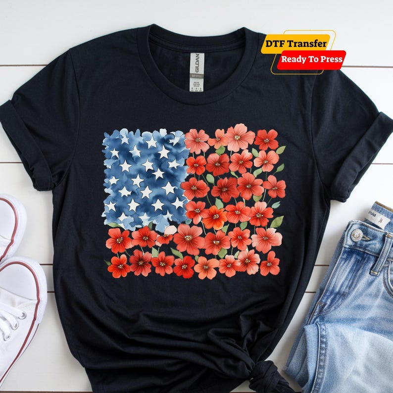 Floral American Flag DTF Transfer, USA 250 Anniversary Shirt Dtf Print, Patriotic 1776 4th of July Heat Transfer, Independence Day Iron on image 4