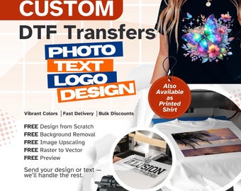 Transferencia DTF personalizada para planchar, transferencia de calor personalizada para camisetas, diseño de lámina DTF, logotipo, foto y texto, impresiones DTF con prensa térmica, listas para imprimir.