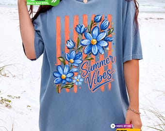 Summer Vibes DTF Transfer and Shirt: Floral Summer Shirt, Blue Daisy Summer Iron on, Trendy Summer