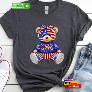 USA 250 Anniversary Patriotic Teddy Bear DTF Transfer, 4th July Faux Rhinestone Sparkle Tee image 3