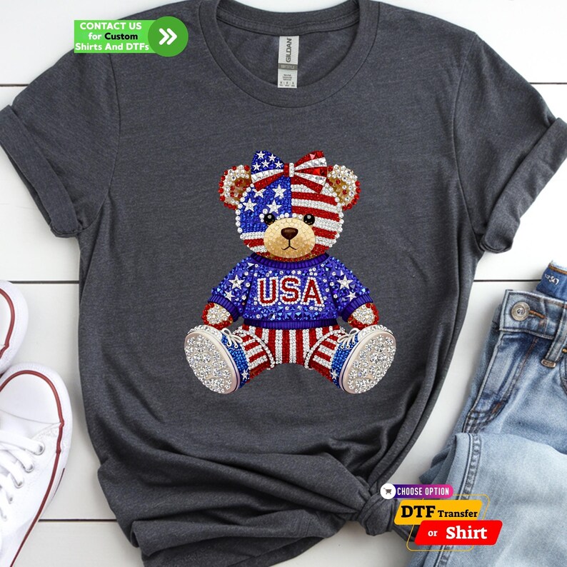 USA 250 Anniversary Patriotic Teddy Bear DTF Transfer, 4th July Faux Rhinestone Sparkle Tee image 3