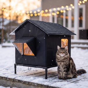 Könnte beinhalten: Ein schwarzer, erhöhter Haustierunterstand mit Spitzdach, einem Seitenfenster mit Schutzvordach und einem transparenten Paneel. Eine langhaarige braune getigerte Katze sitzt während eines leichten Schneefalls auf einer verschneiten Holzterrasse.