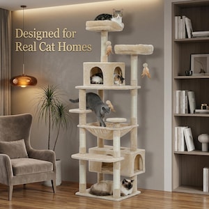 May include: A multi-level cat tree in beige with multiple platforms, a hammock, and enclosed spaces. Several cats are lounging on the structure. The text "Designed for Real Cat Homes" is visible.