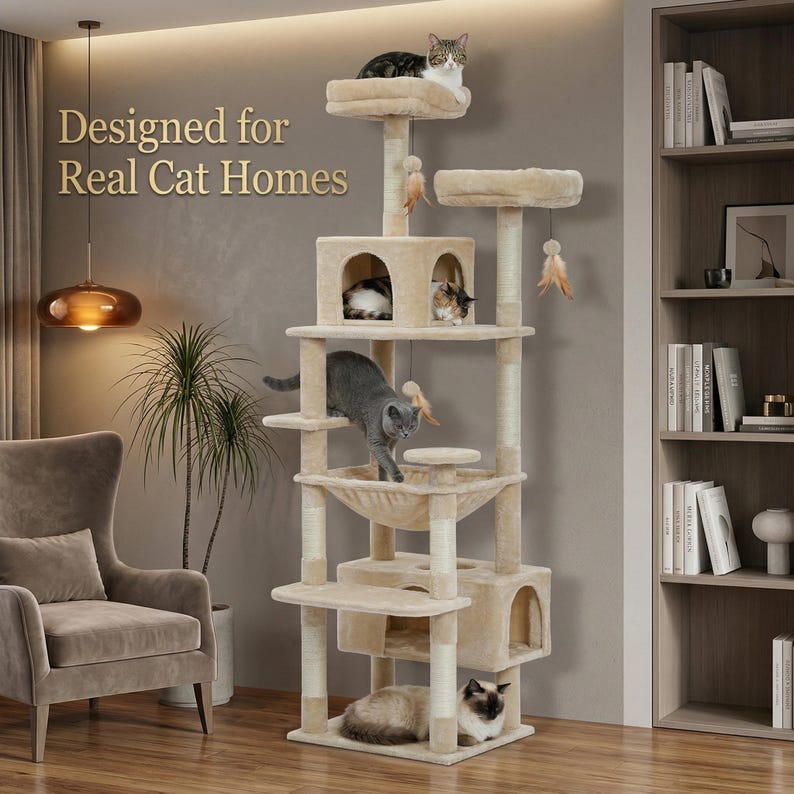 May include: A multi-level cat tree in beige with multiple platforms, a hammock, and enclosed spaces. Several cats are lounging on the structure. The text "Designed for Real Cat Homes" is visible.