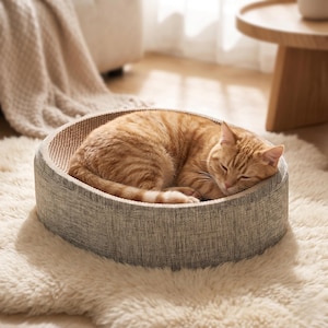 Könnte beinhalten: Eine schlafende, orangefarbene Katze liegt in einem grauen und braunen Katzenbett. Das Bett ist rund mit einem gewebten Mittelteil und einem strukturierten grauen Stoff außen. Die Katze liegt auf einem flauschigen, weißen Teppich.