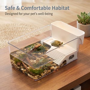 Può includere: Un habitat trasparente per tartarughe con una piattaforma rialzata e una rampa bianche. L'habitat contiene acqua, ciottoli e piante acquatiche. Sono visibili due tartarughe. Testo: Safe & Comfortable Habitat, Designed for your pet's well-being.