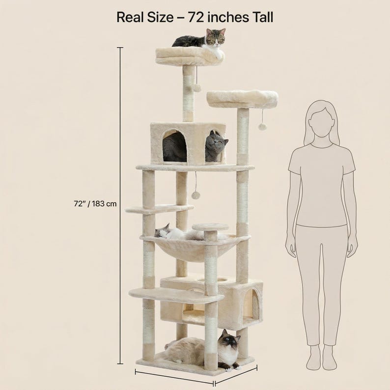 May include: A beige cat tree, 72 inches tall, with multiple platforms, a hammock, and a hideaway. Several cats are resting on the different levels. The text "Real Size - 72 inches Tall" is at the top.