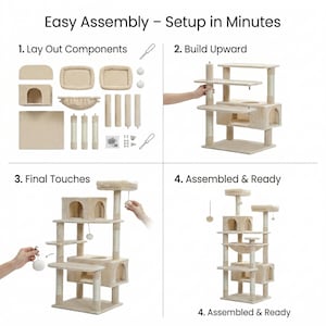May include: A beige cat tree with multiple levels, a hammock, and a hideaway house. The image shows the assembly process, with the text "Easy Assembly - Setup in Minutes" and numbered steps for building the cat tree.