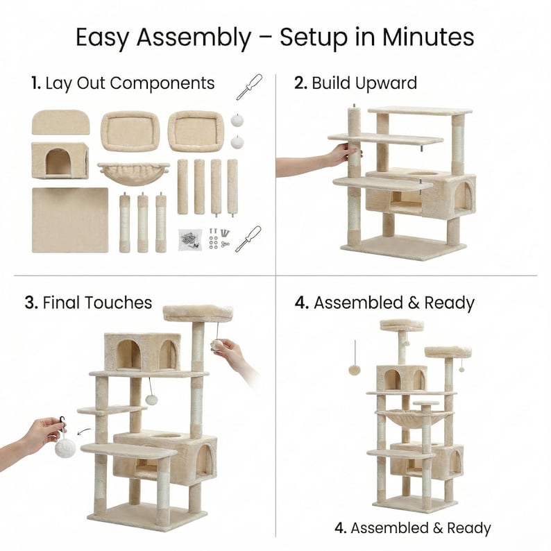 May include: A beige cat tree with multiple levels, a hammock, and a hideaway house. The image shows the assembly process, with the text "Easy Assembly - Setup in Minutes" and numbered steps for building the cat tree.