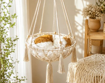 White Handmade Boho Hanging Cat Bed, Floating Pet Nest, Macrame Window Lounge