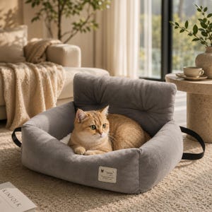 Könnte beinhalten: Ein weiches, graues, quadratisches Haustierbett mit hoher Rückenlehne und schwarzen Seitengriffen. Eine goldbraune Katze ruht im Bett. Ein kleines rechteckiges Etikett mit dem Text "BOOM" und einem Katzensymbol ist an der Vorderseite des Bettes angenäht.