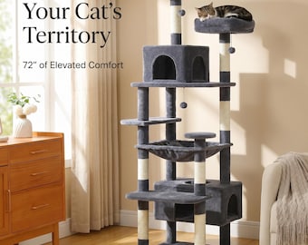 Árbol rascador moderno gris oscuro de 182 cm (72 pulgadas) – Torre de diseño para gatos con hamaca, mueble minimalista para gatos de interior.