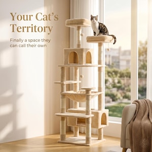 May include: Beige cat tree with multiple platforms, a hammock, and a cat perched on top. The text reads "Your Cat's Territory" and "Finally a space they can call their own."