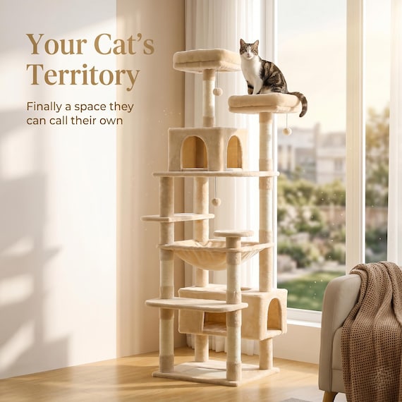 Large Cat Tree Tower big size, 72" Multi-Level Pet Furniture with Condo & Hammock