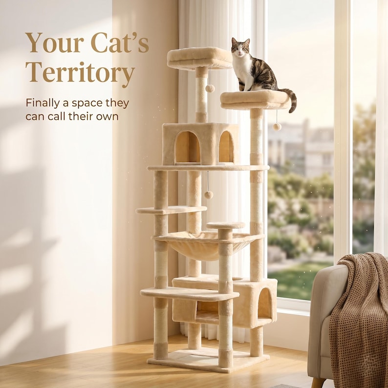 May include: Beige cat tree with multiple platforms, a hammock, and a cat perched on top. The text reads "Your Cat's Territory" and "Finally a space they can call their own."